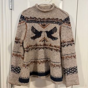 Pilcro Beige Sweater with Navy and Brown Bird Motif